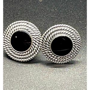 James Avery sterling silver Onyx Rope Bezel round omega back earrings